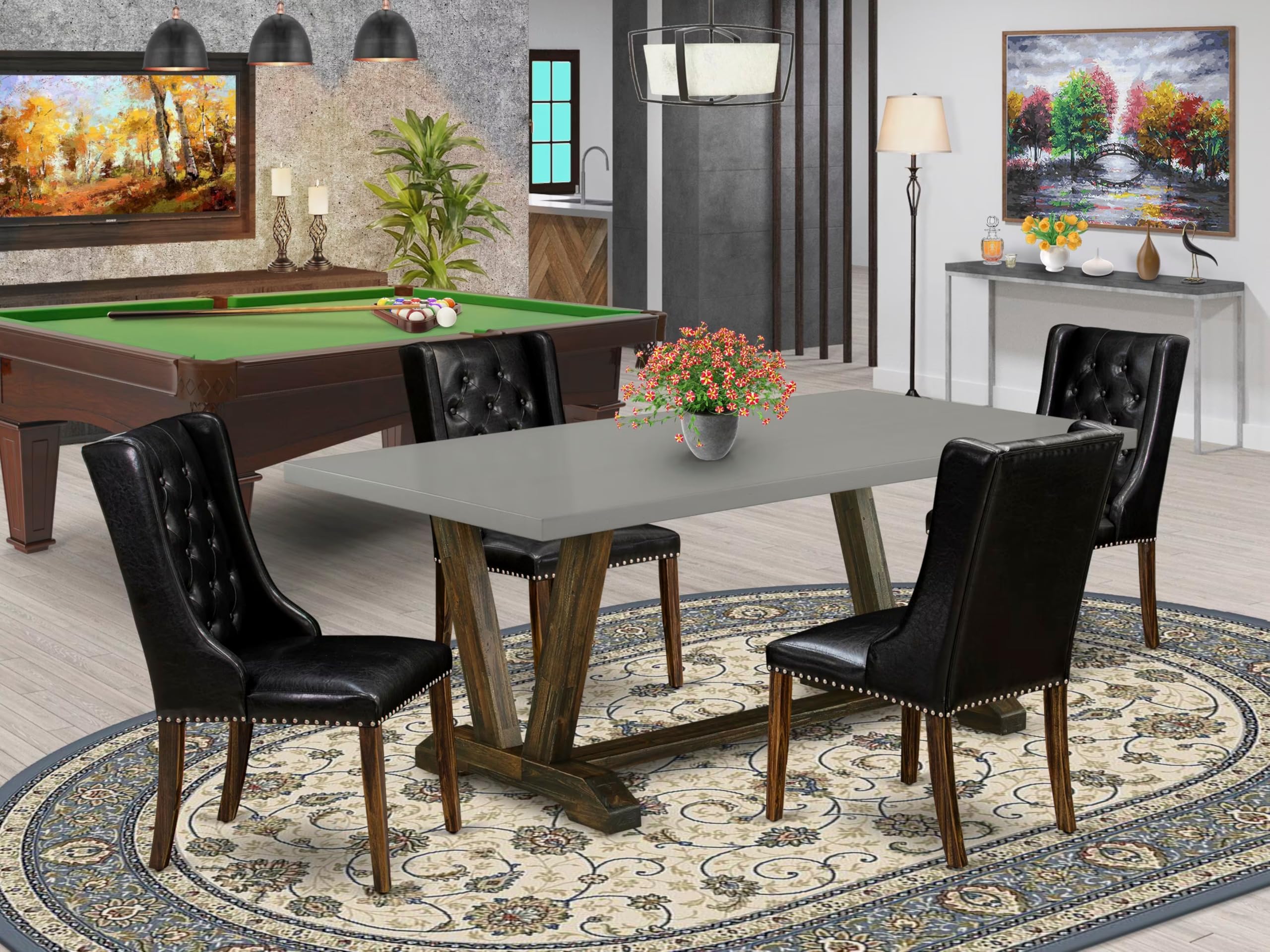 East West Furniture V797FO749-5 5 Piece Dining Room Furniture Set Includes a Rectangle Dining Table with V-Legs and 4 Black Faux Leather Upholstered Chairs, 40x72 Inch, Multi-Color